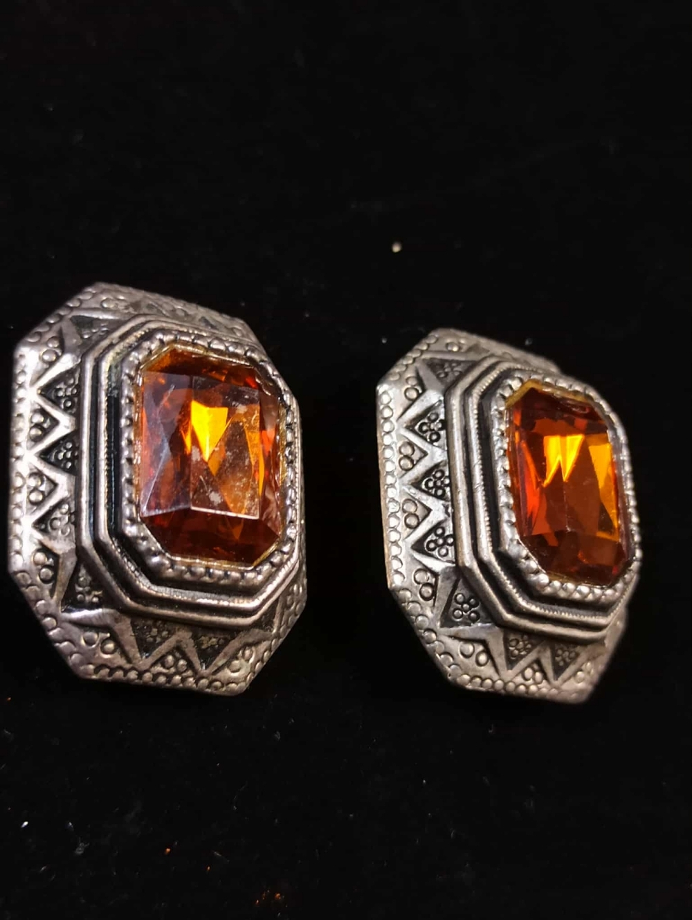 Vintage 80’s Amber Faceted Glass Statement Earrings Silver Tone Heavy Art Deco - Picture 7 of 11